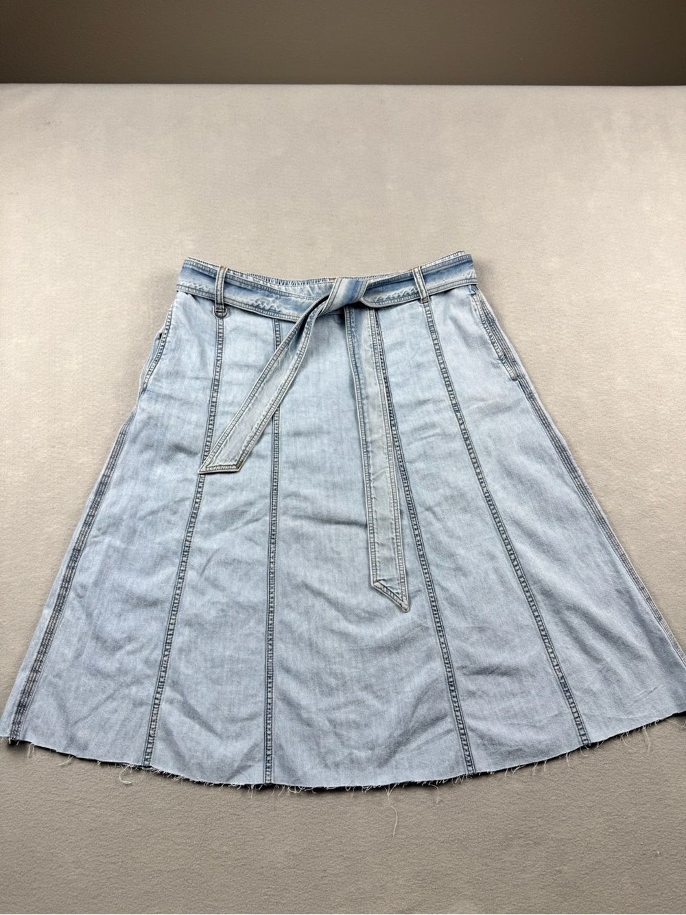 Loft Denim A-Line Full Midi Panel Skirt Raw Edge Light Wash Casual - Size Large